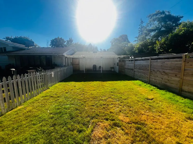 Large fenced backyard with green grass and sunny sky